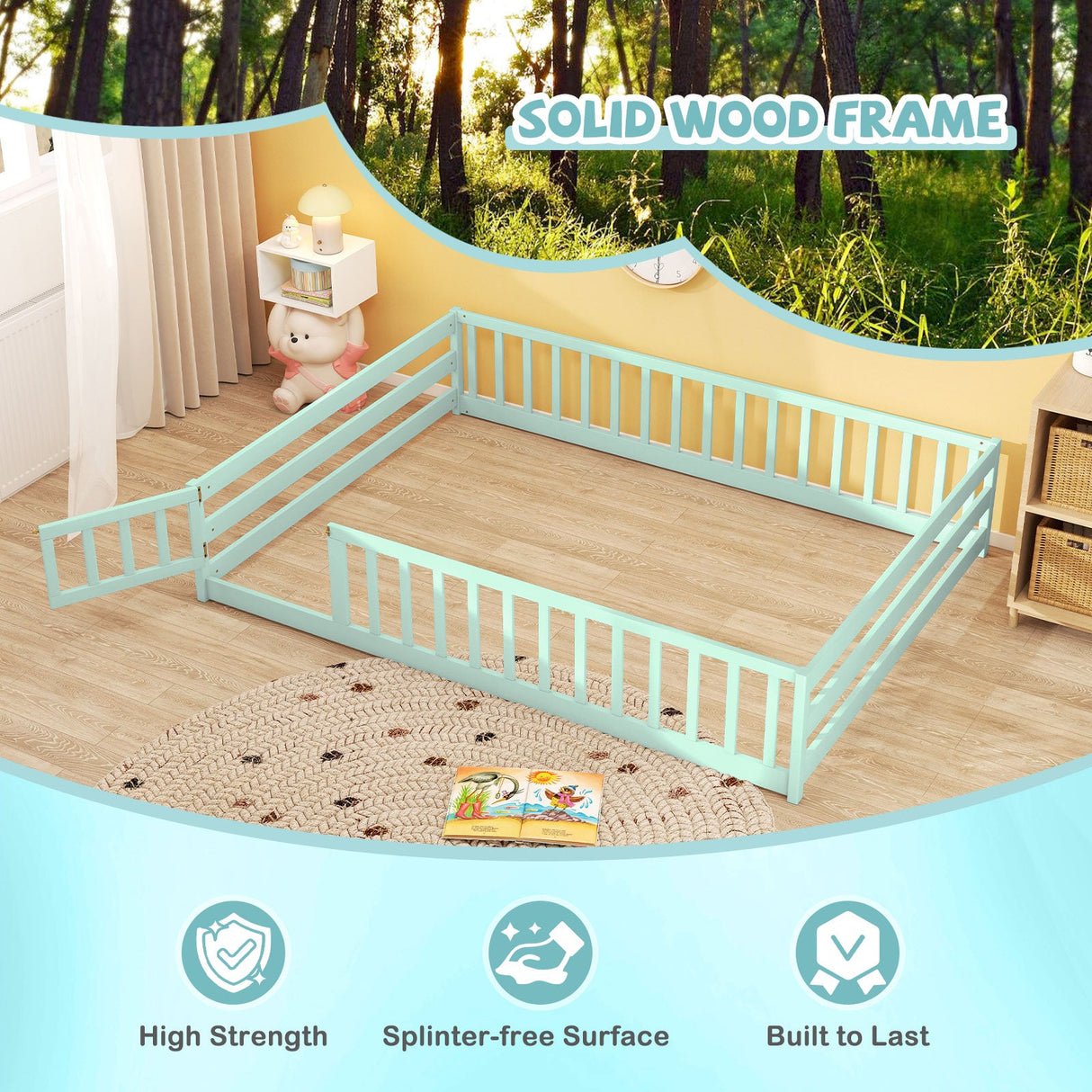 Cama de suelo tamaño completo con barandillas de seguridad de longitud completa