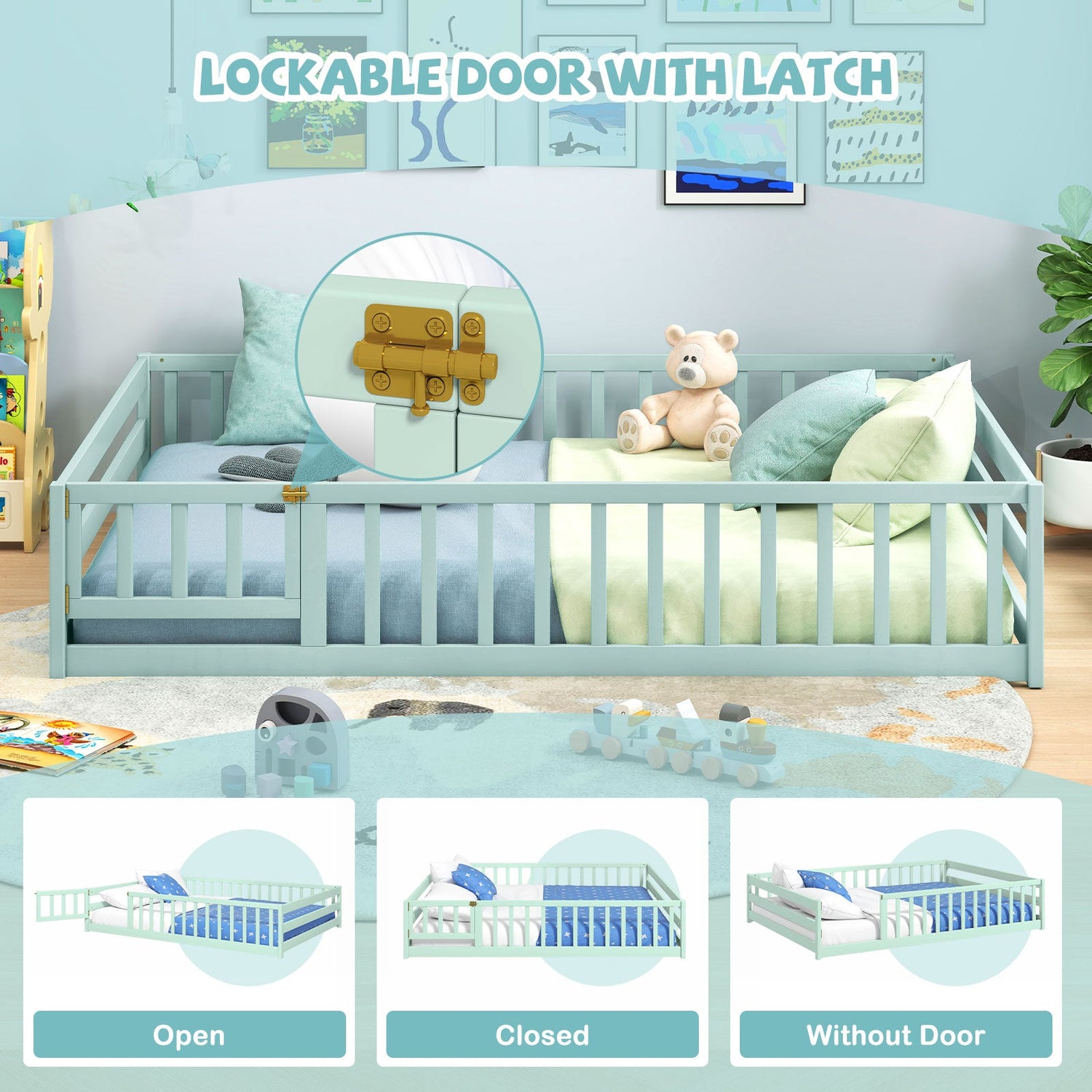 Cama de suelo tamaño completo con barandillas de seguridad de longitud completa