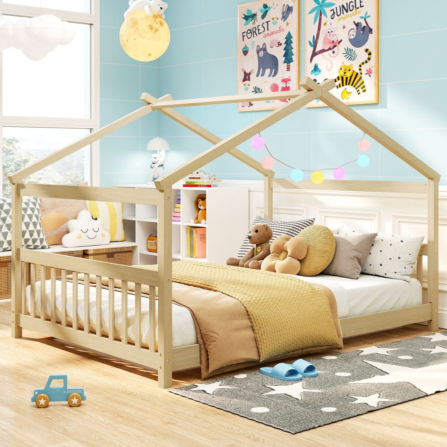 Cama de casa de tamaño completo, cama de piso Montessori con cabecero