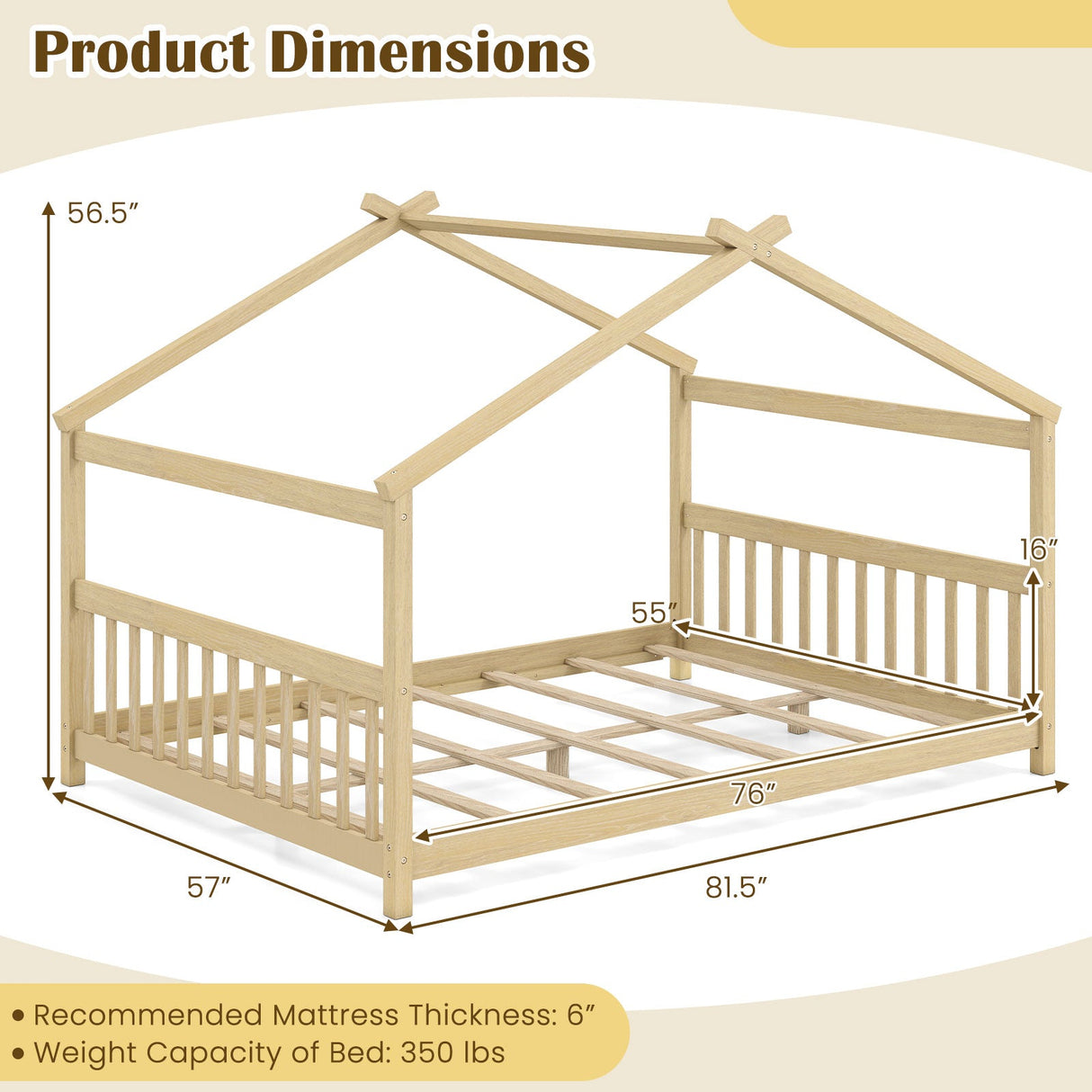 Cama de casa de tamaño completo, cama de piso Montessori con cabecero