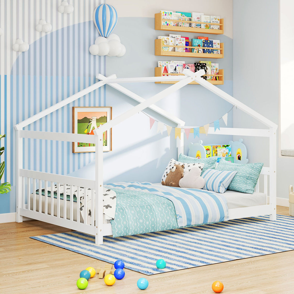 Cama de casa de tamaño completo, cama de piso Montessori con cabecero