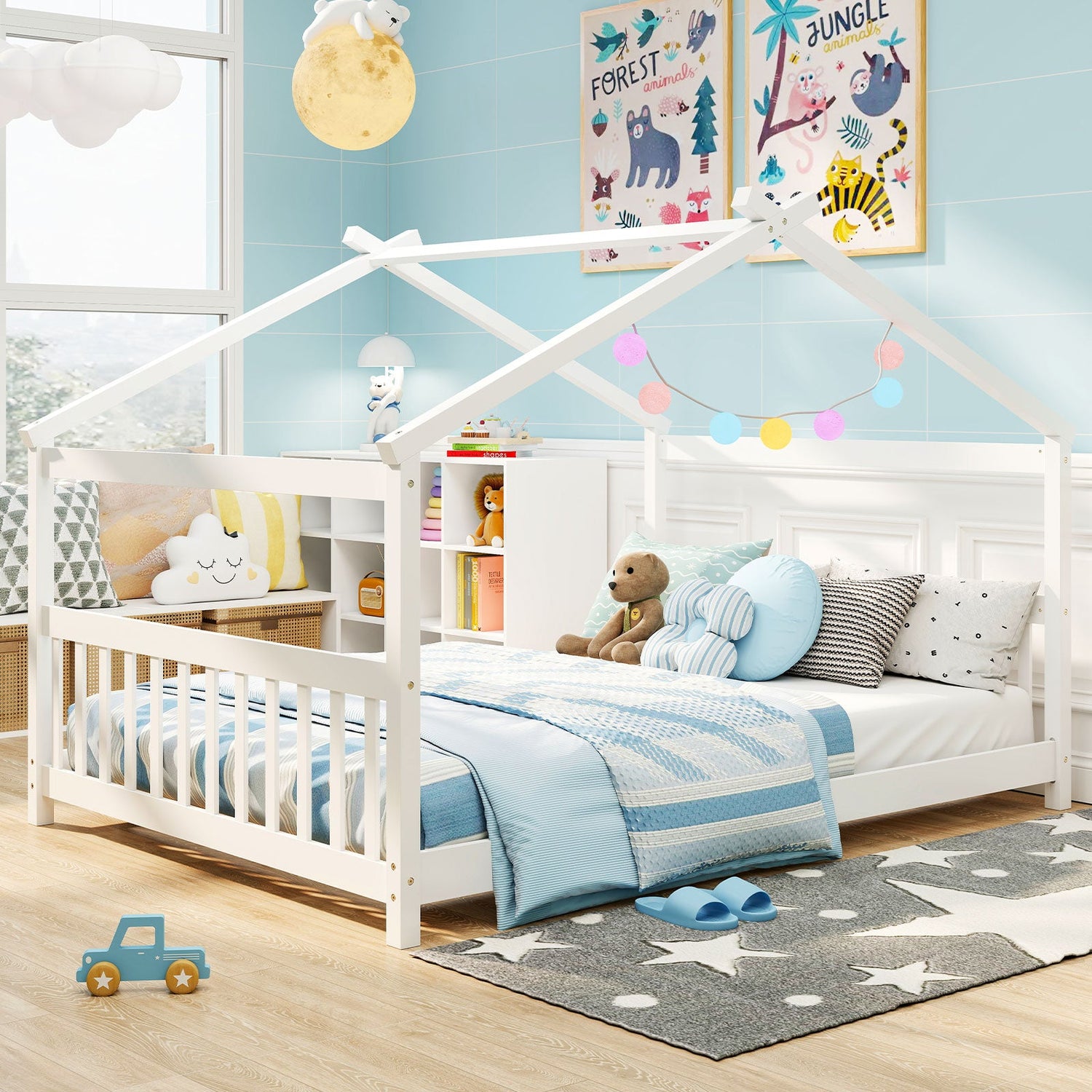 Cama de casa de tamaño completo, cama de piso Montessori con cabecero