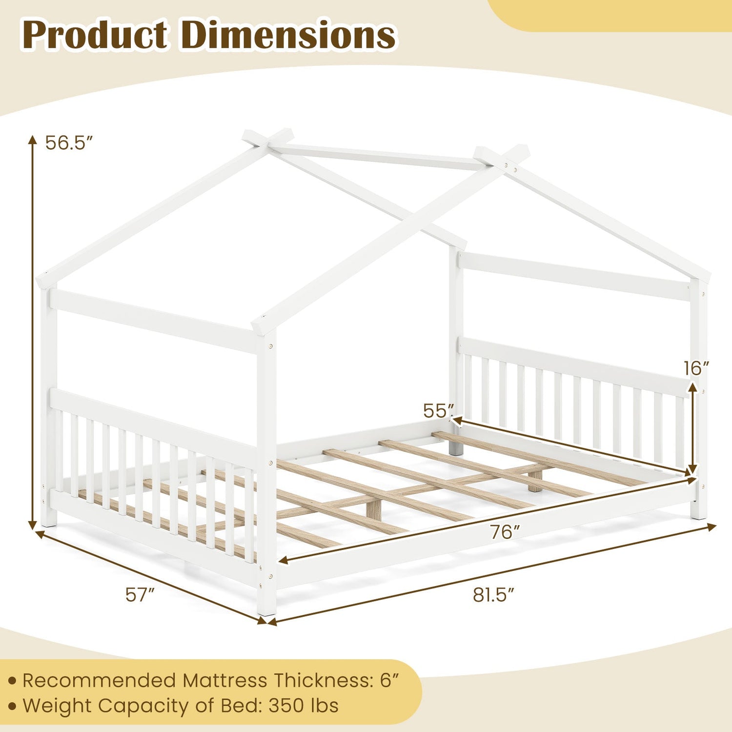 Cama de casa de tamaño completo, cama de piso Montessori con cabecero