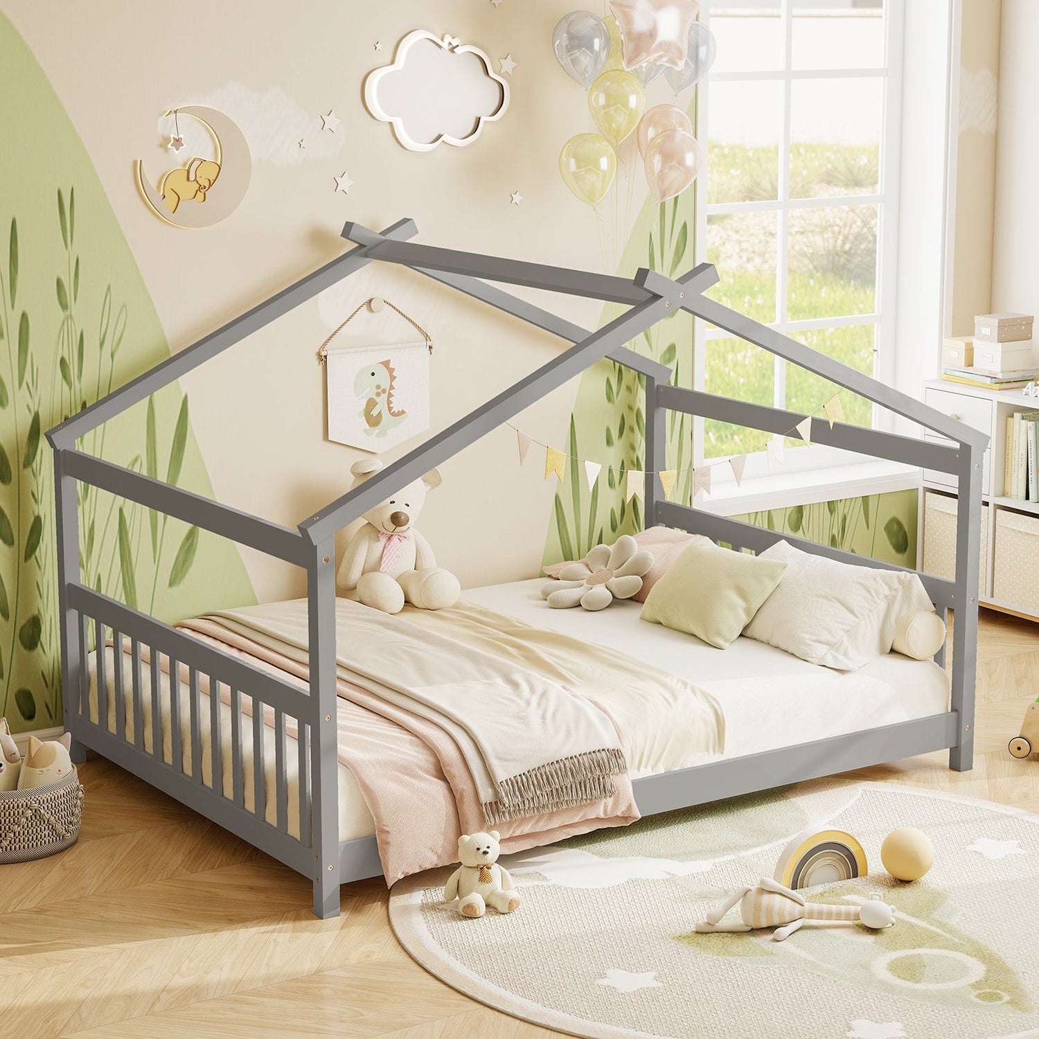 Cama de casa de tamaño completo, cama de piso Montessori con cabecero