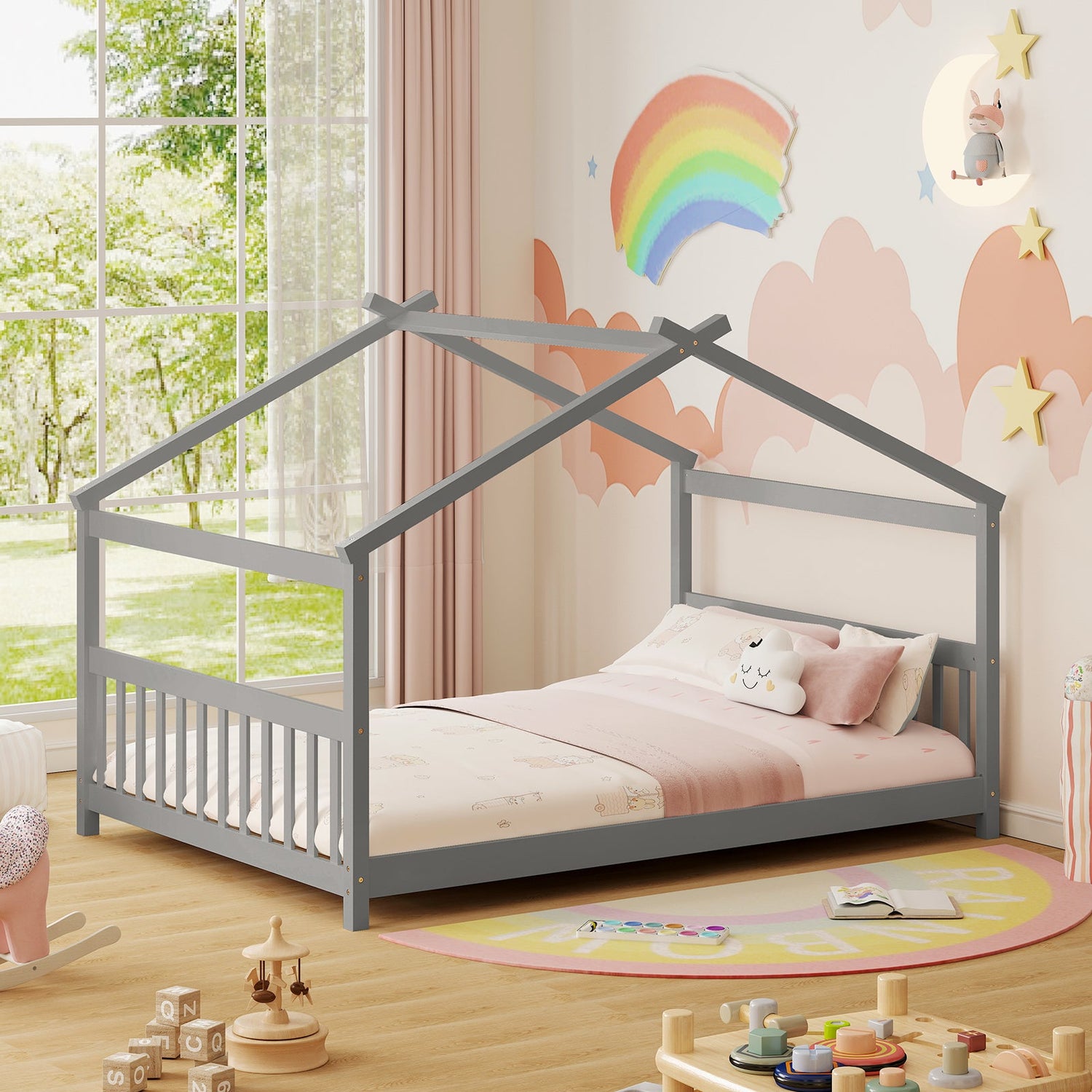 Cama de casa de tamaño completo, cama de piso Montessori con cabecero