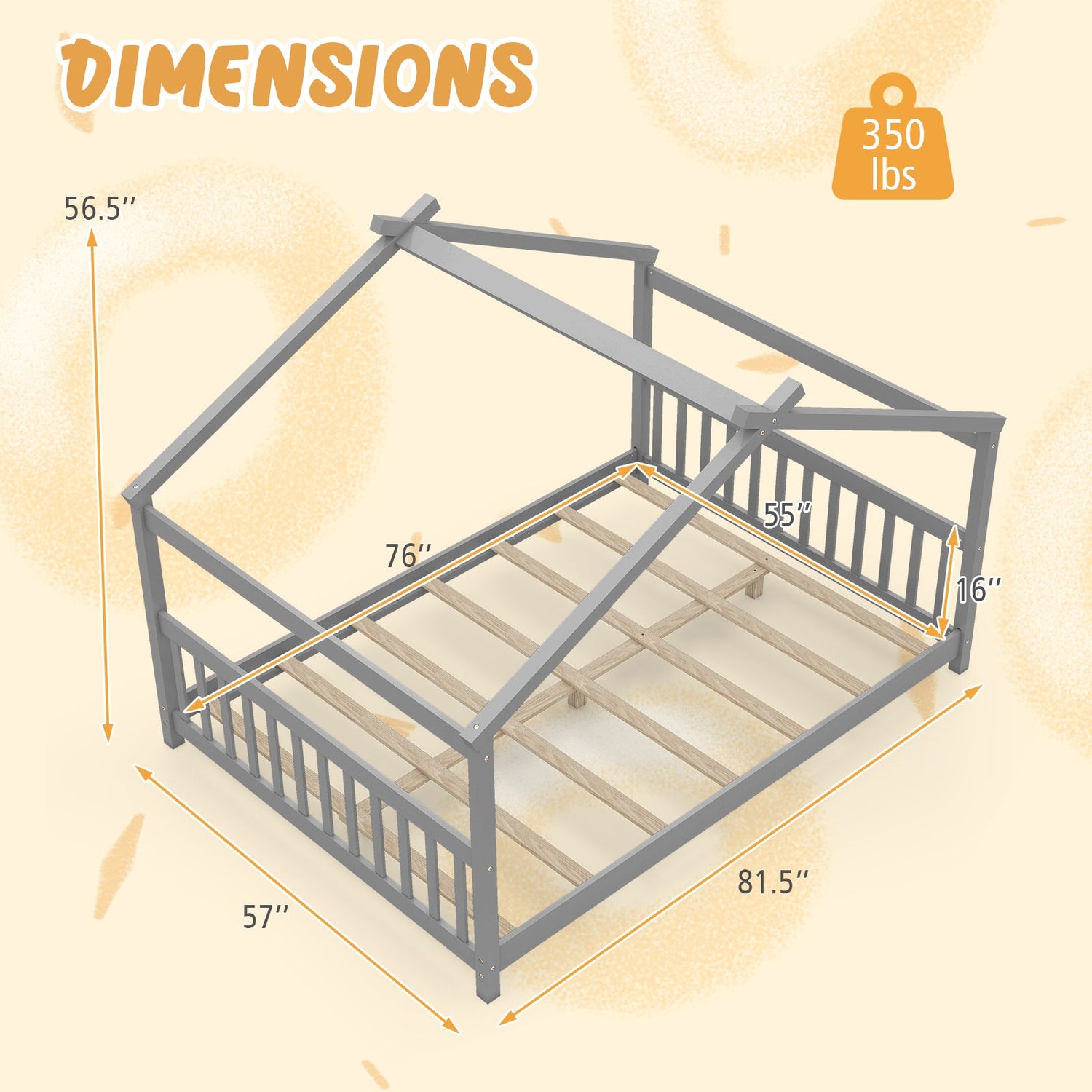Cama de casa de tamaño completo, cama de piso Montessori con cabecero