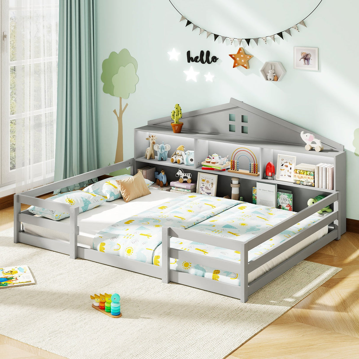 Cama Montessori de piso tamaño completo con compartimentos de almacenamiento y estante