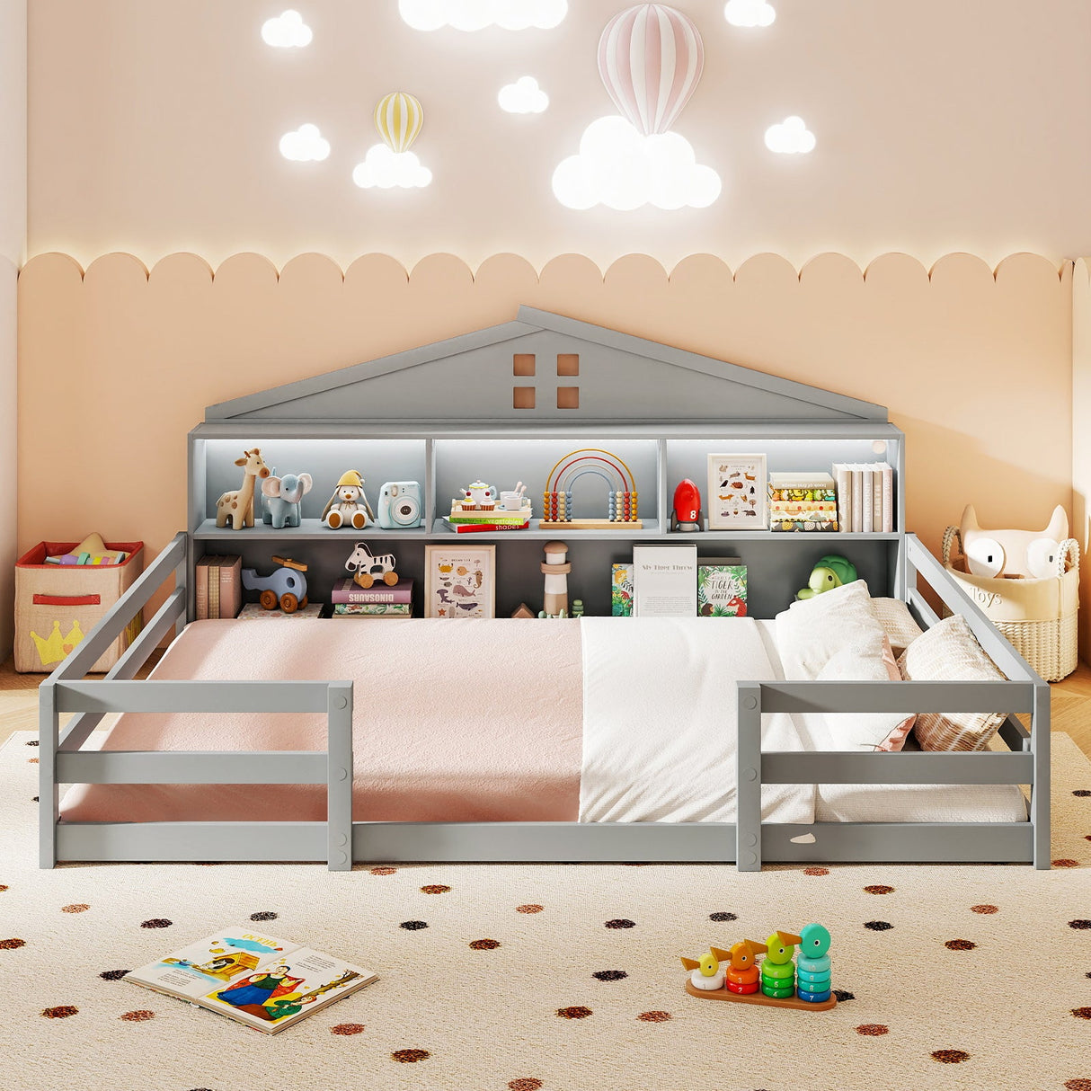 Cama Montessori de piso tamaño completo con compartimentos de almacenamiento y estante