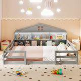 Cama Montessori de piso tamaño completo con compartimentos de almacenamiento y estante