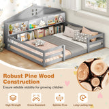 Cama Montessori de piso tamaño completo con compartimentos de almacenamiento y estante
