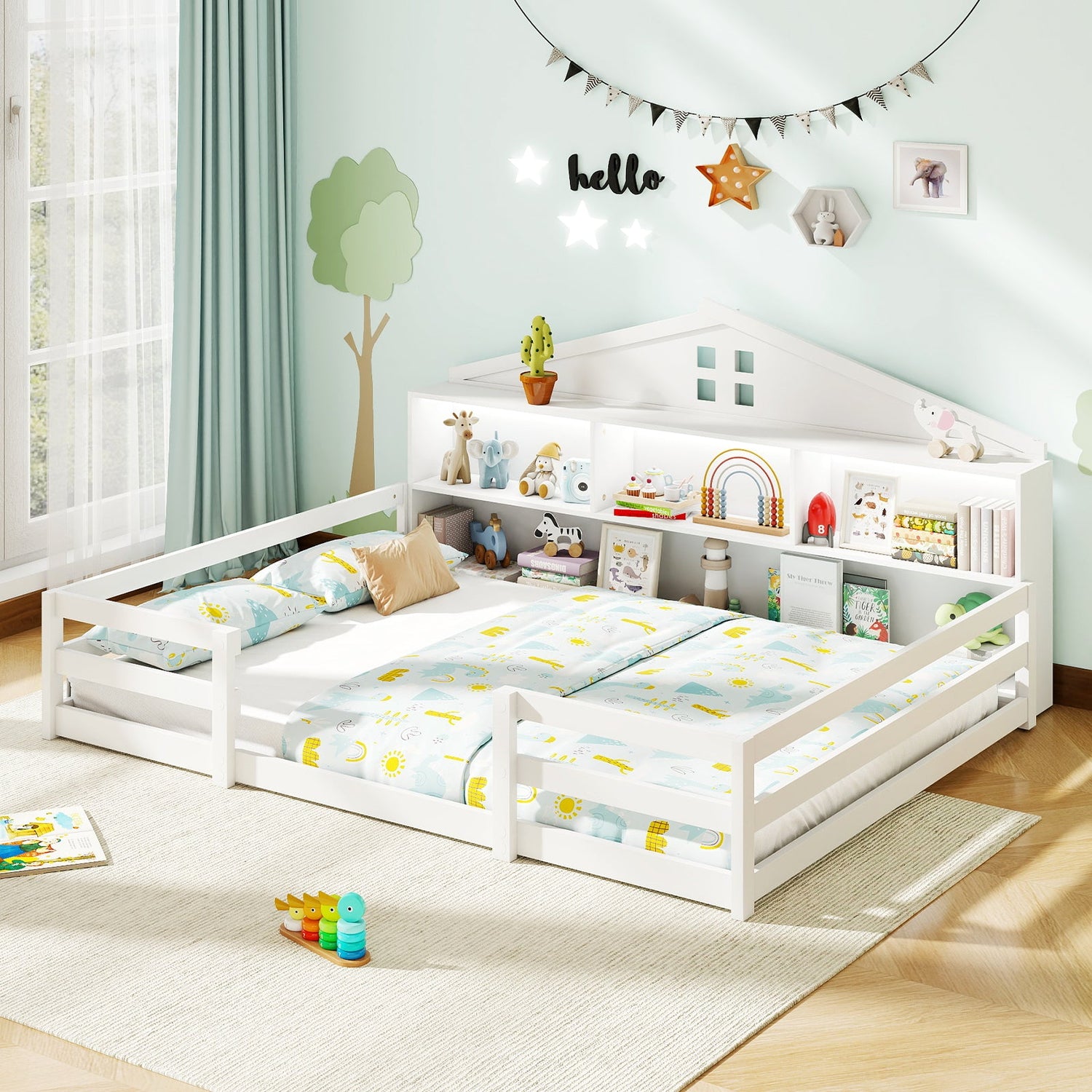 Cama Montessori de piso tamaño completo con compartimentos de almacenamiento y estante