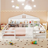 Cama Montessori de piso tamaño completo con compartimentos de almacenamiento y estante