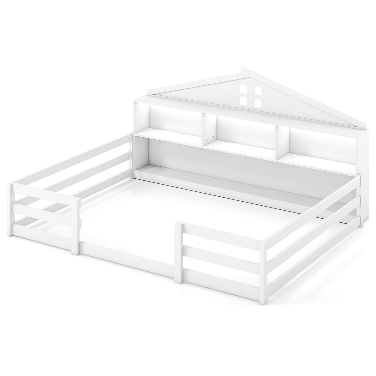 Cama Montessori de piso tamaño completo con compartimentos de almacenamiento y estante