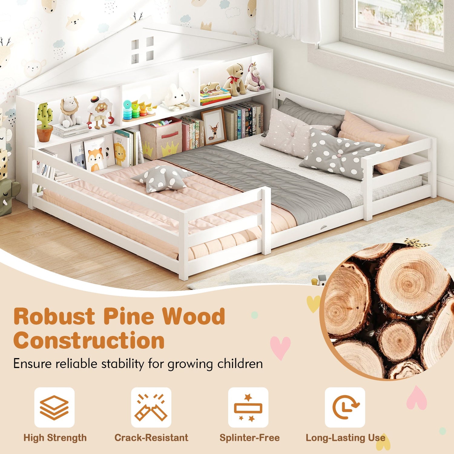 Cama Montessori de piso tamaño completo con compartimentos de almacenamiento y estante