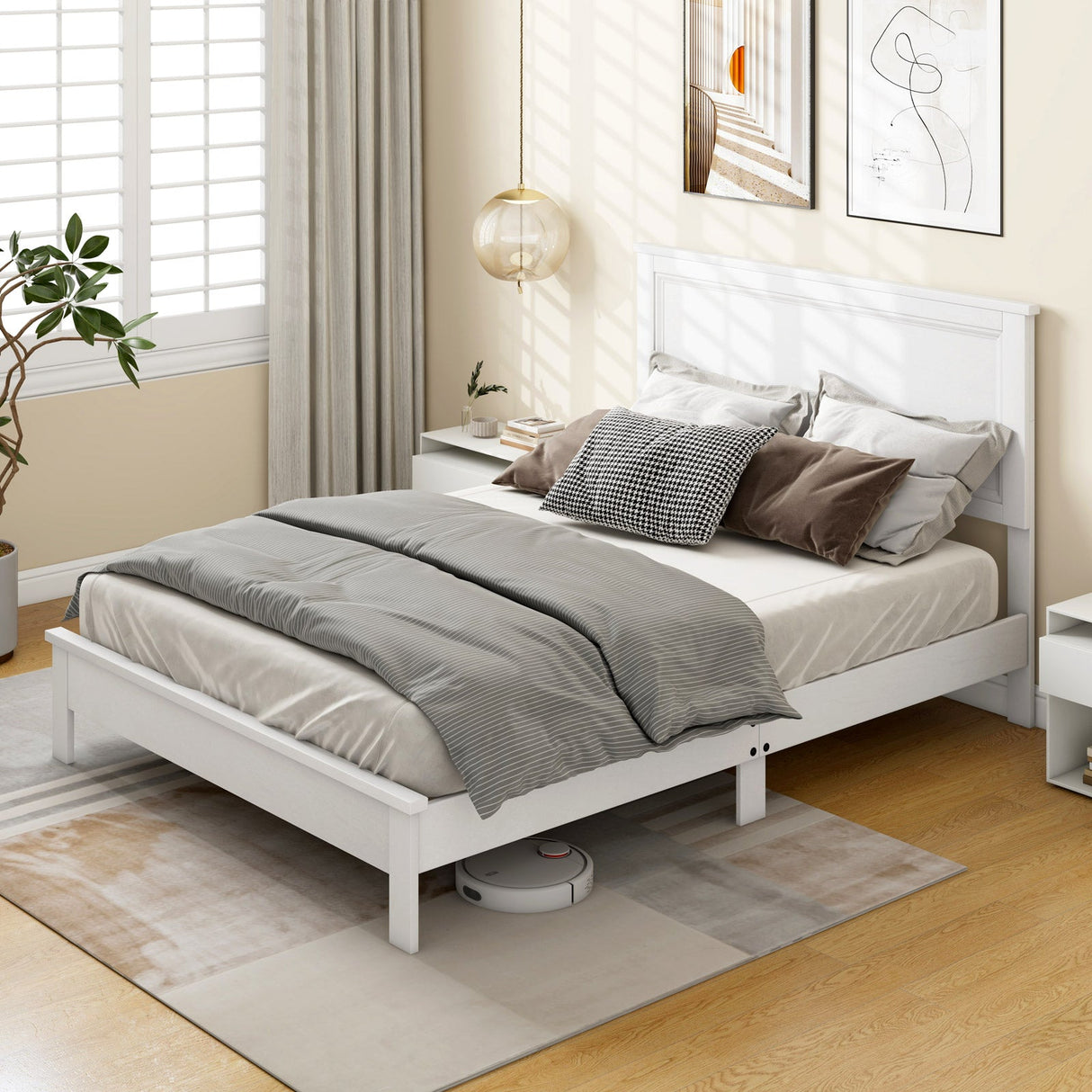 Base de cama de plataforma de tamaño matrimonial con somier de listones y cabecero alto