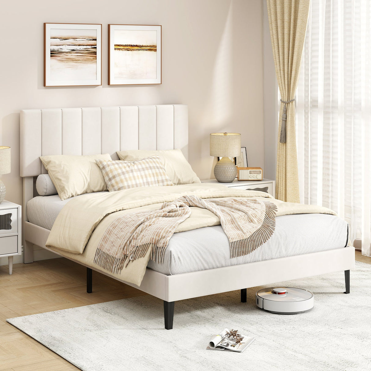 Base de cama de plataforma tapizada en terciopelo tamaño matrimonial