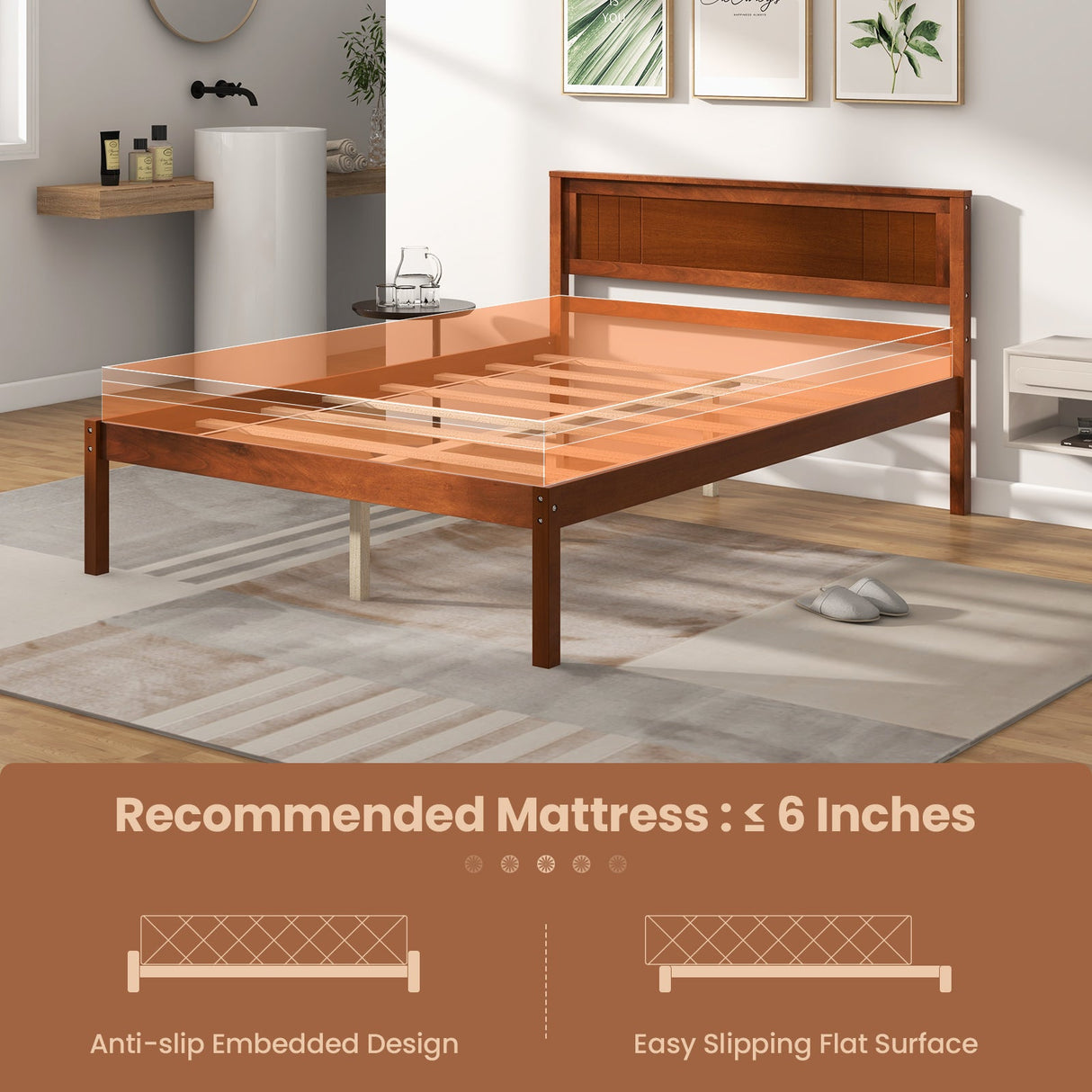 Estructura de cama Twin/Full/Queen con cabecera de madera y soporte de listones