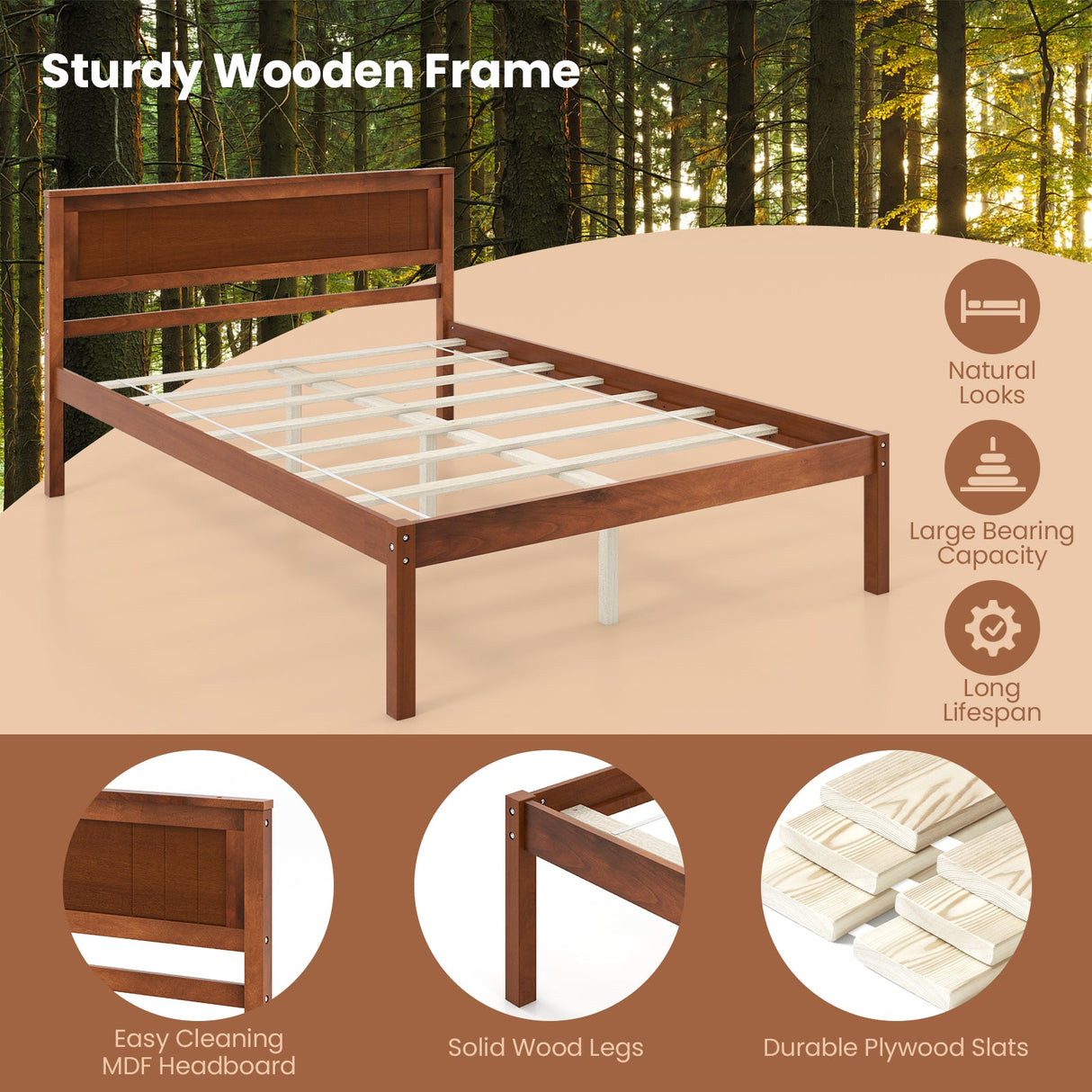 Estructura de cama Twin/Full/Queen con cabecera de madera y soporte de listones