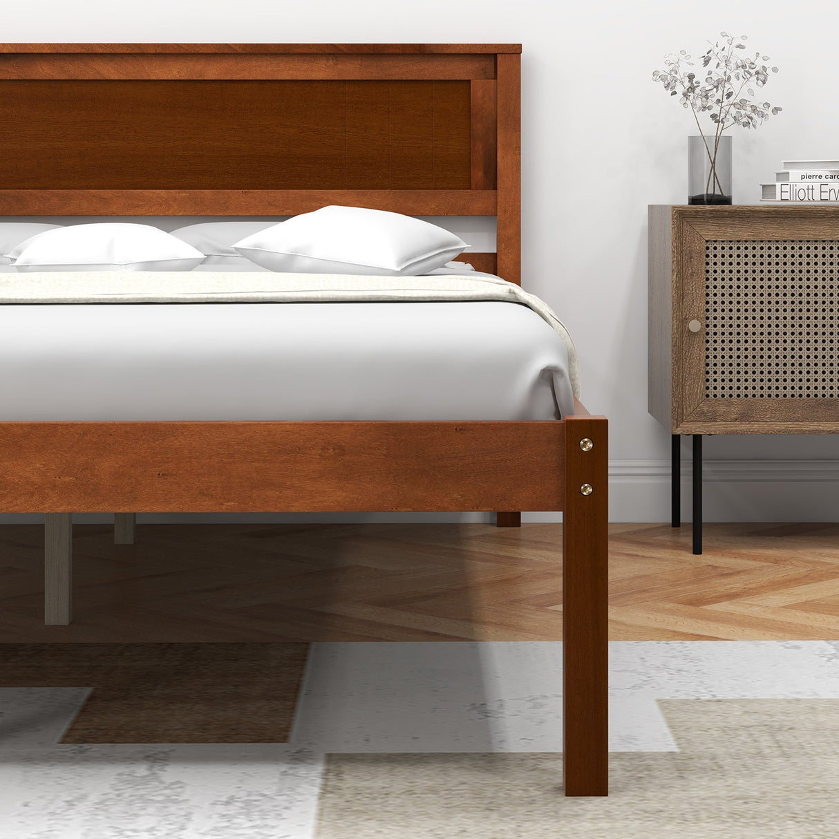 Estructura de cama Twin/Full/Queen con cabecera de madera y soporte de listones