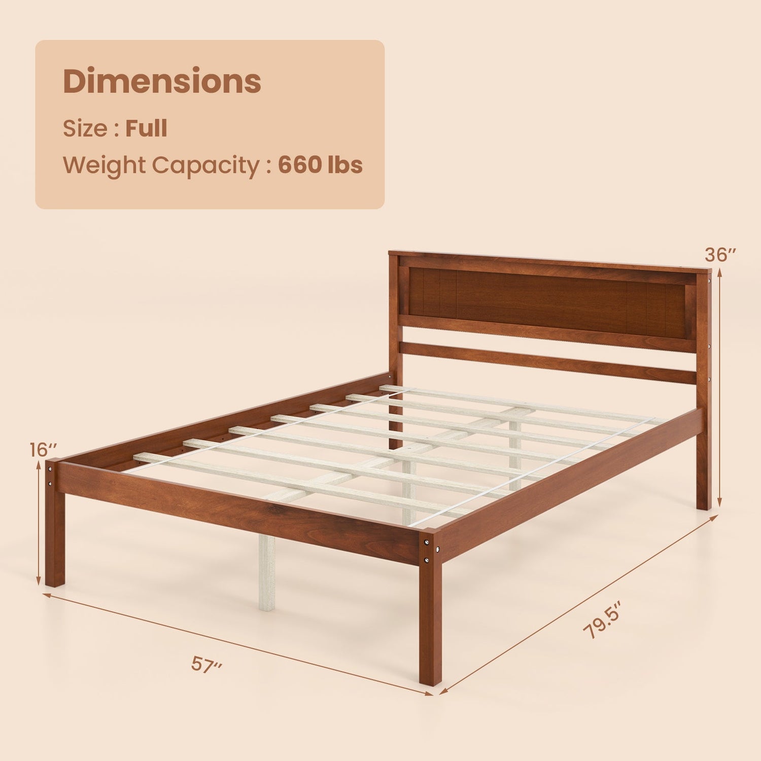 Estructura de cama Twin/Full/Queen con cabecera de madera y soporte de listones