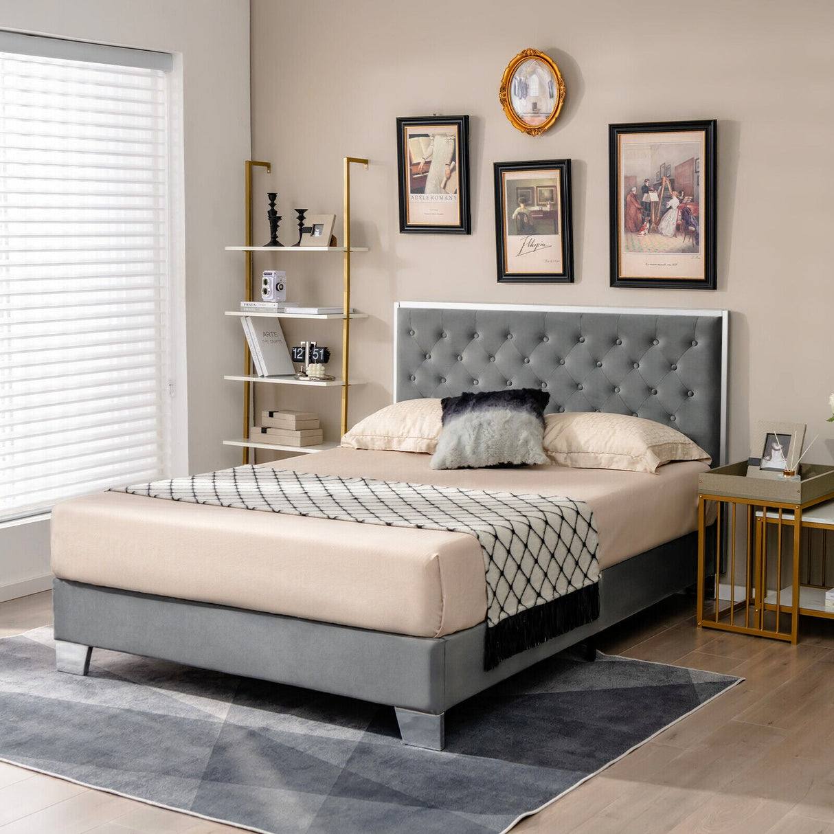 Base de cama tapizada tamaño matrimonial/queen con cabecera de terciopelo