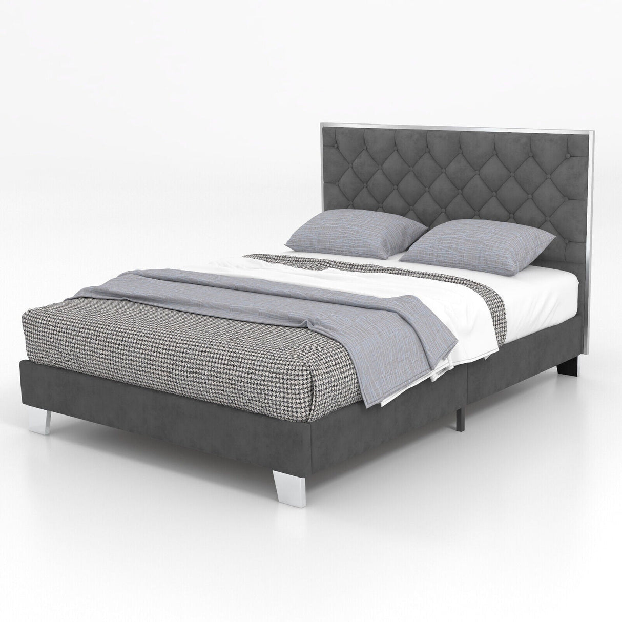 Base de cama tapizada tamaño matrimonial/queen con cabecera de terciopelo