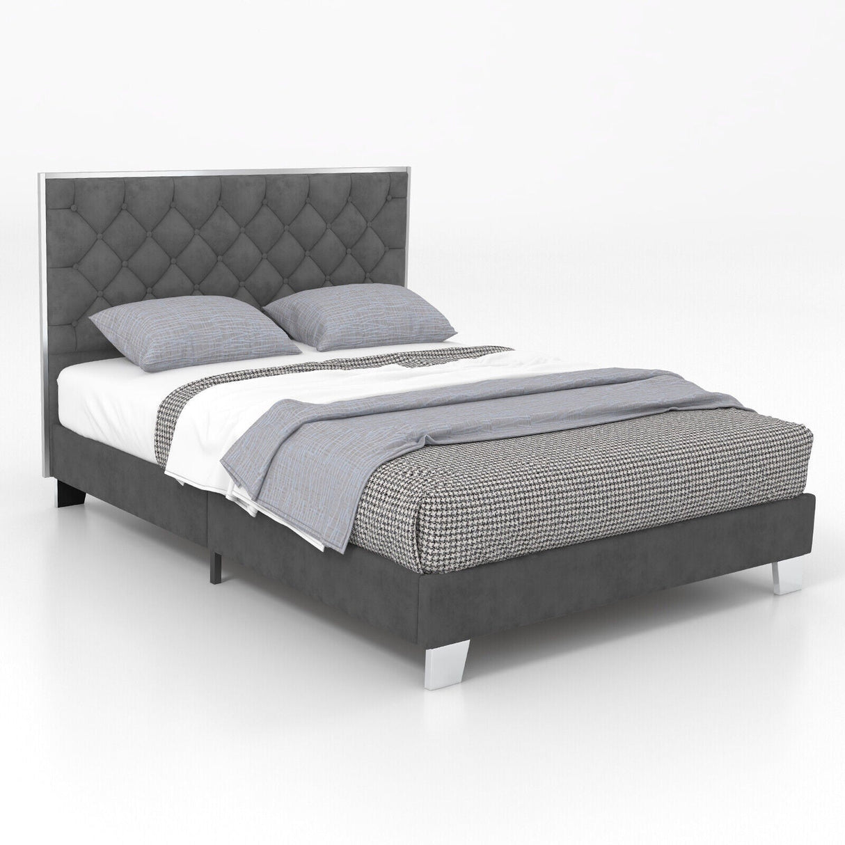 Base de cama tapizada tamaño matrimonial/queen con cabecera de terciopelo