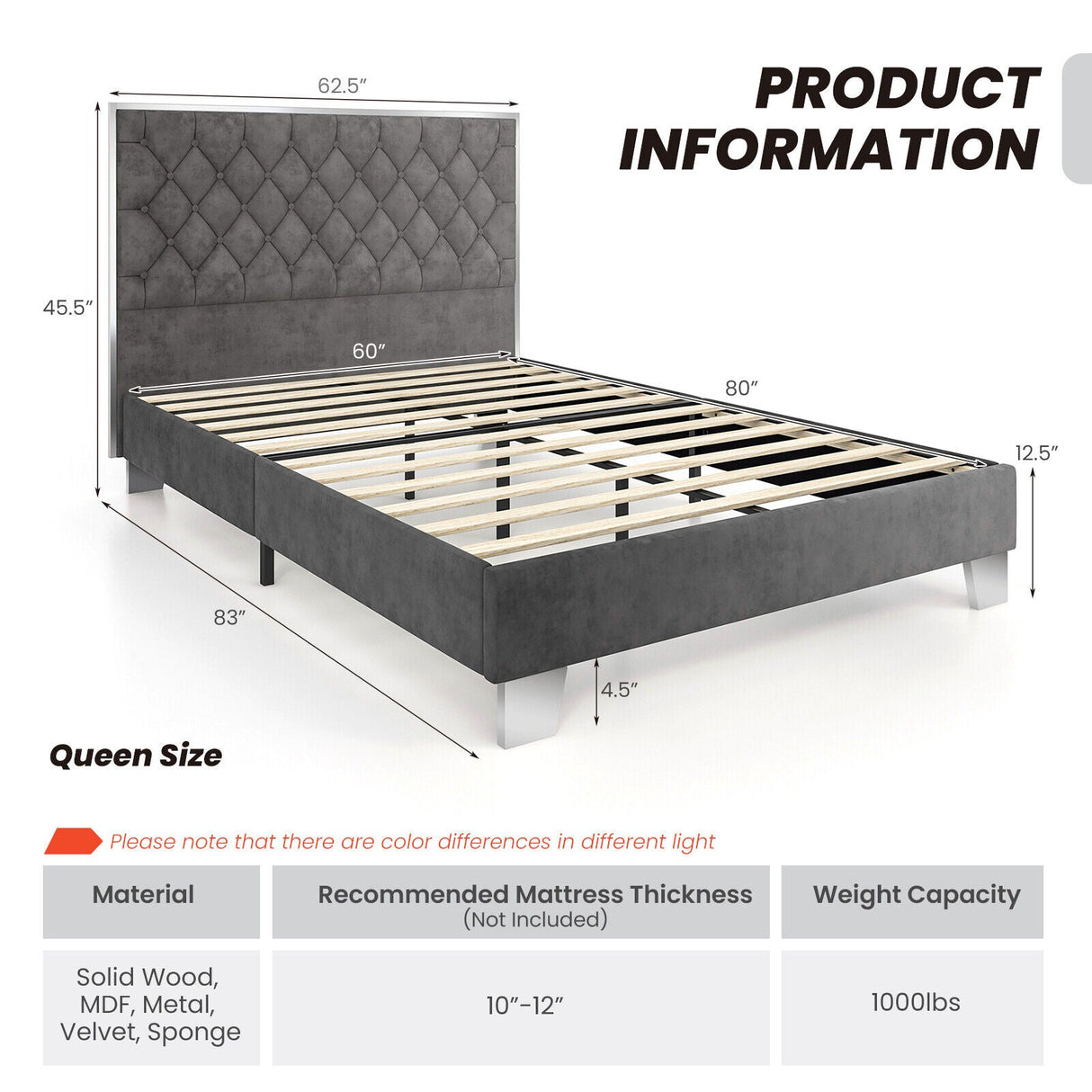 Base de cama tapizada tamaño matrimonial/queen con cabecera de terciopelo