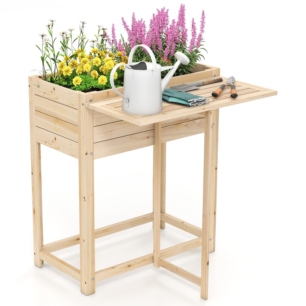 Huerto Elevado de Madera con Patas y Mesa Lateral Plegable