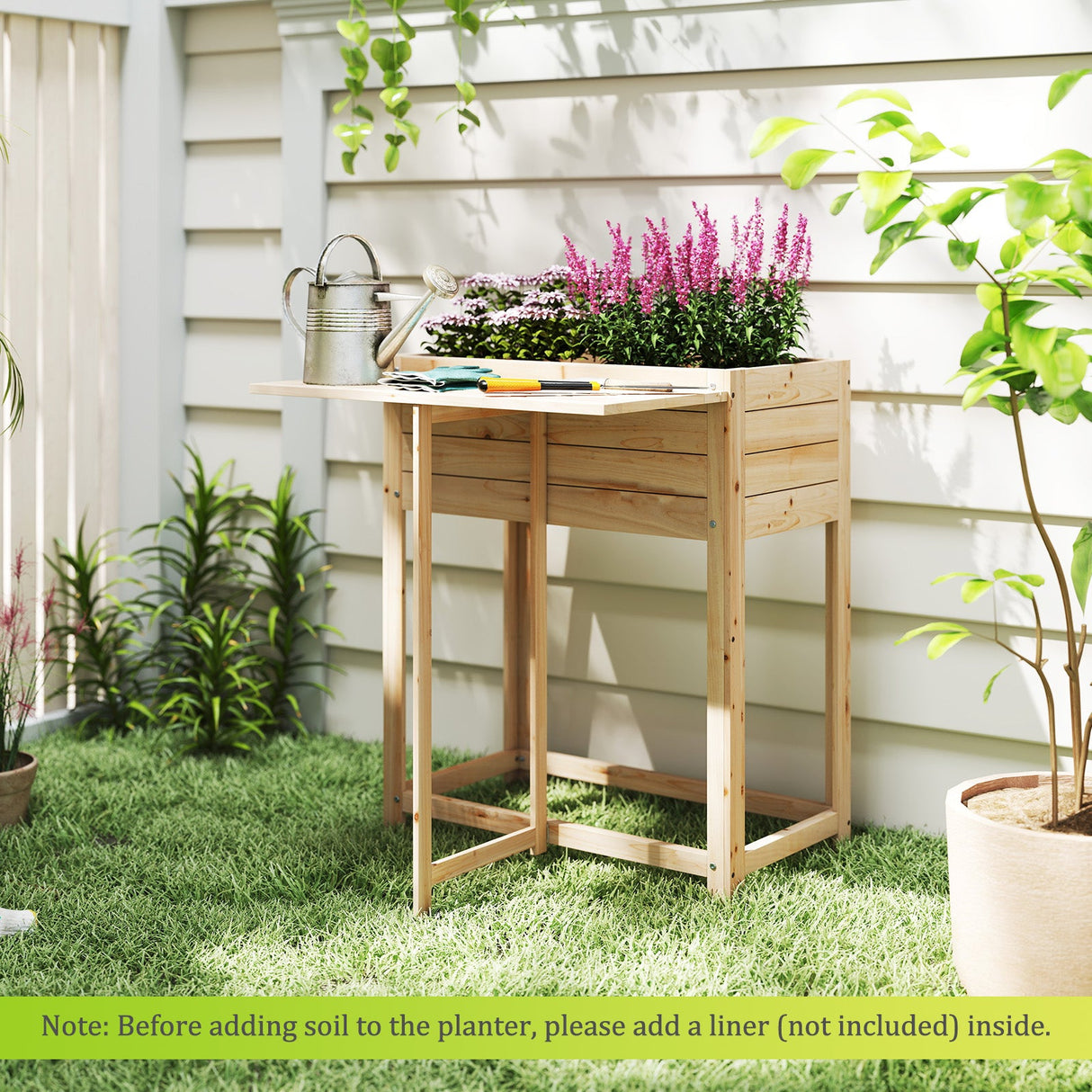 Huerto Elevado de Madera con Patas y Mesa Lateral Plegable