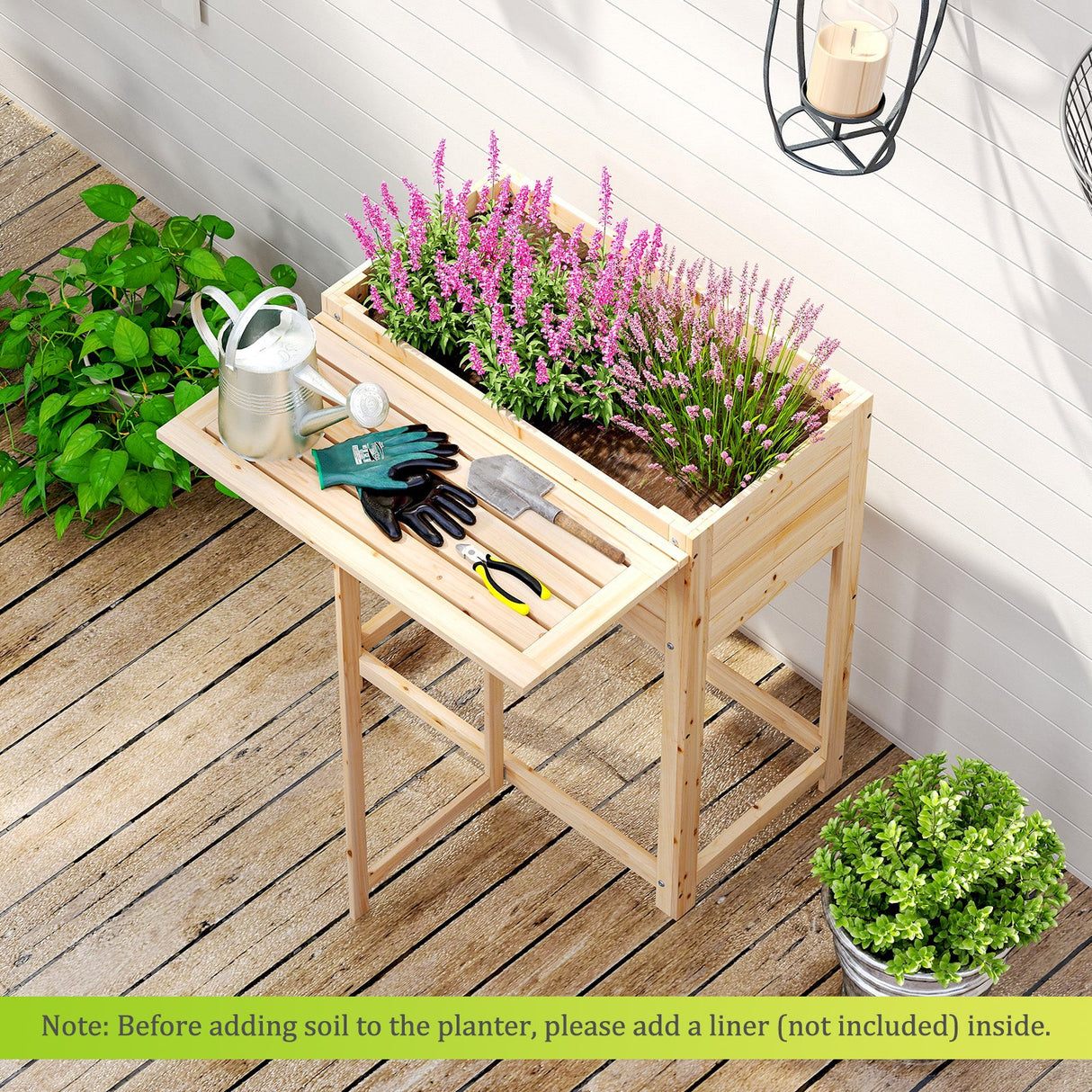 Huerto Elevado de Madera con Patas y Mesa Lateral Plegable
