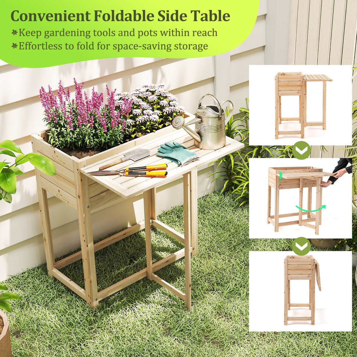 Huerto Elevado de Madera con Patas y Mesa Lateral Plegable