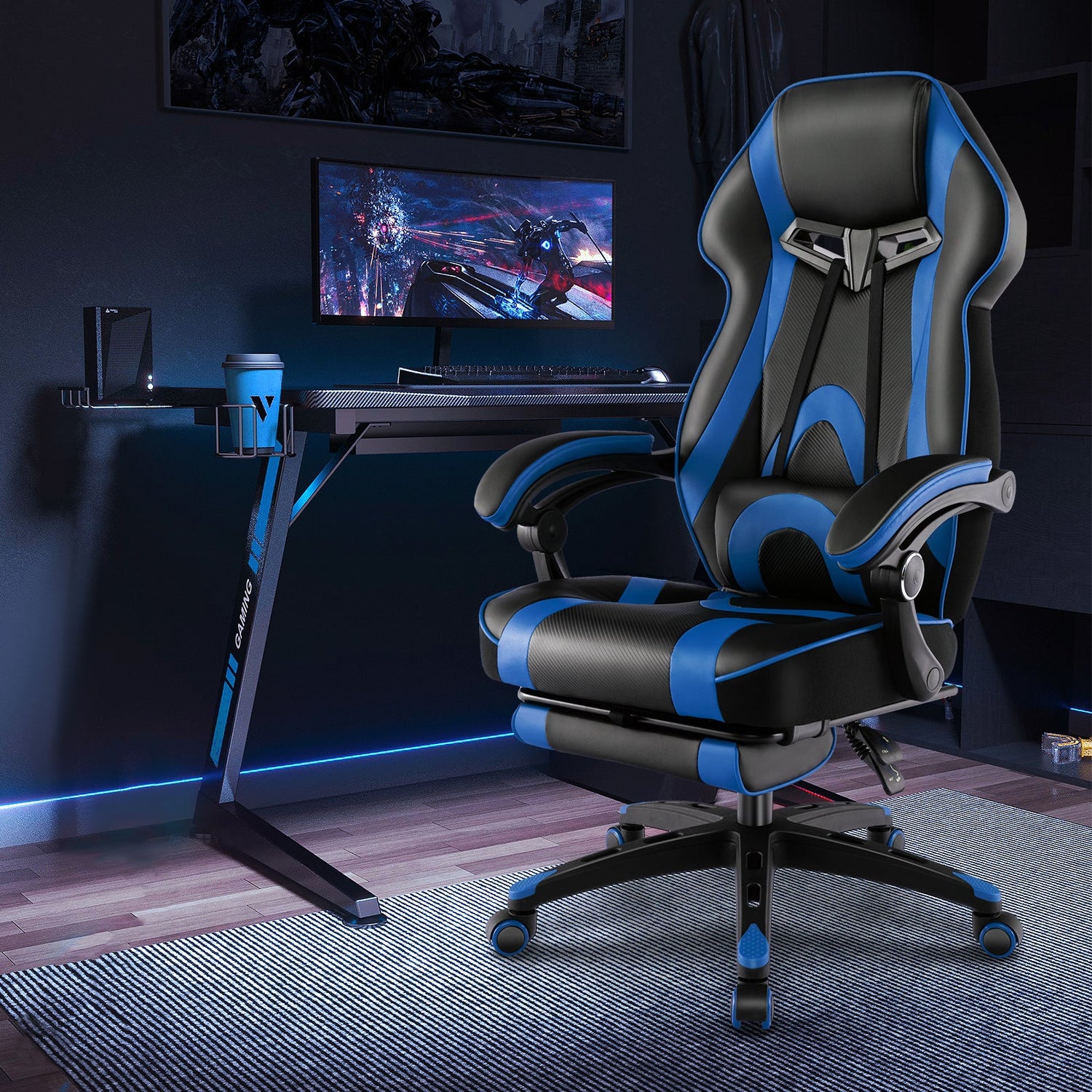Gaming Chair Racing Style Swivel Chair with Footrest and Adjustable Lumbar Pillow