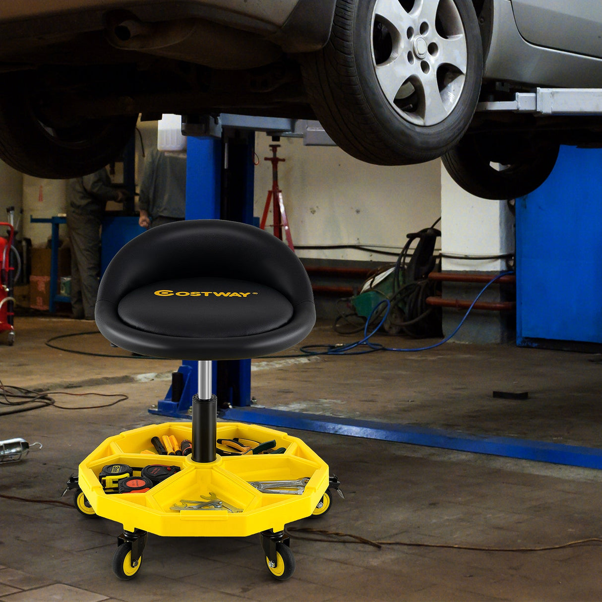 20 Inch-25 Inch Height Adjustable Rolling Garage Stool with Tool Tray Storage-Yellow