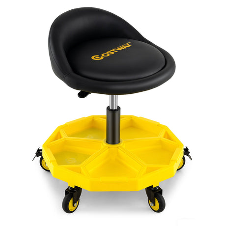 Taburete de garaje rodante ajustable en altura de 20 a 25 pulgadas con bandeja de herramientas - Amarillo