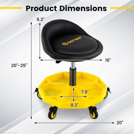 Taburete de garaje rodante ajustable en altura de 20 a 25 pulgadas con bandeja de herramientas - Amarillo