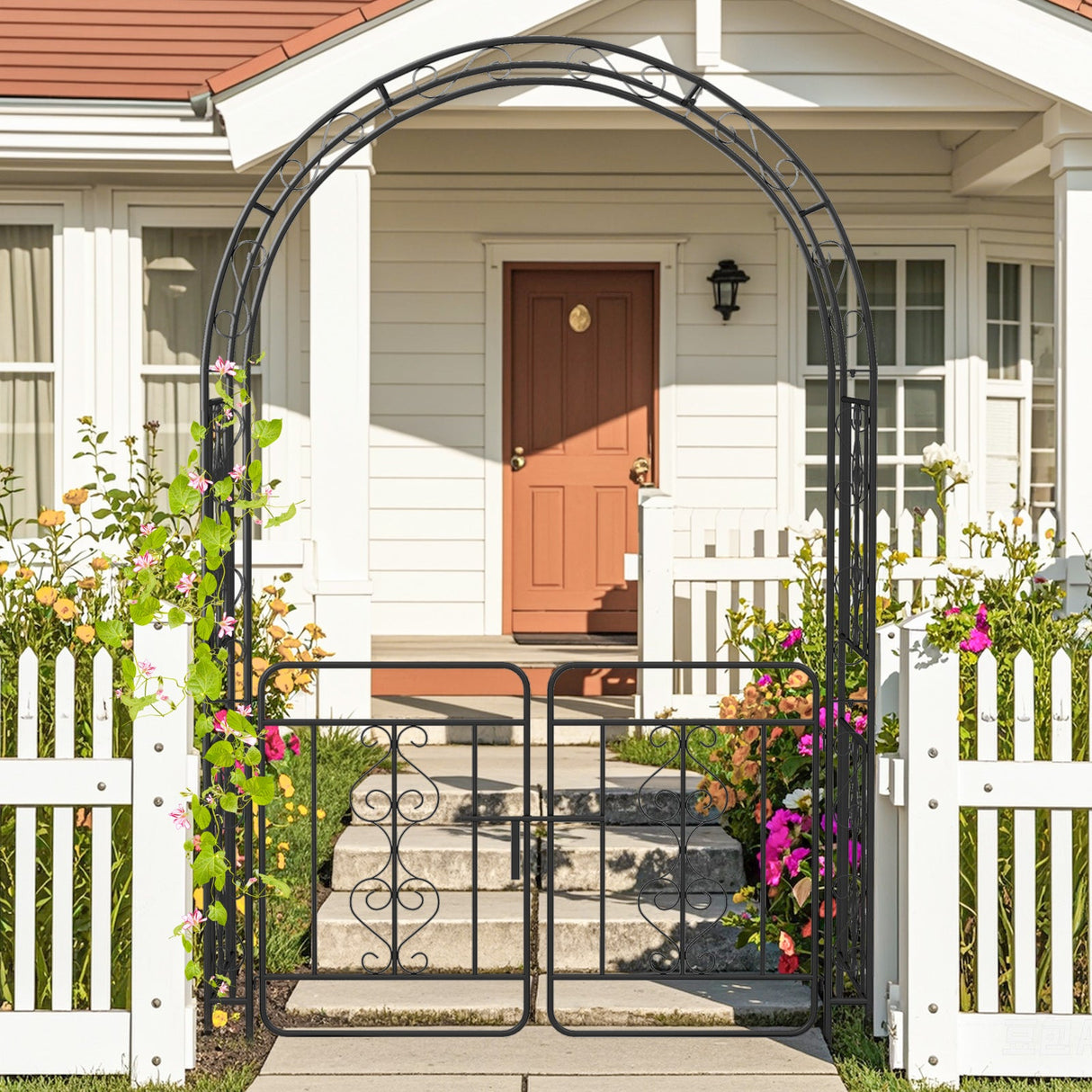 Pérgola de jardín con puerta, múltiples travesaños laterales y 4 estacas de suelo afiladas - Negra