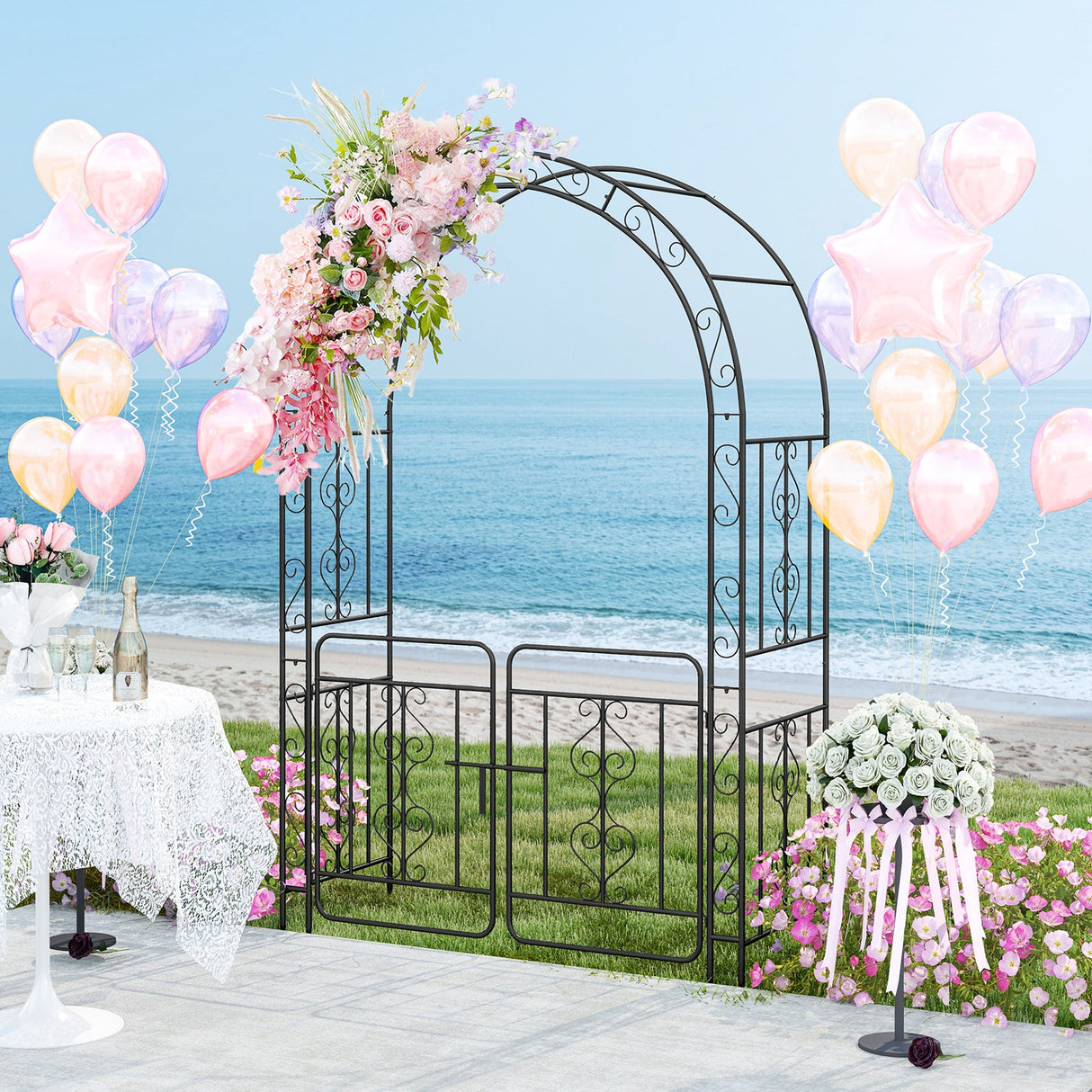 Pérgola de jardín con puerta, múltiples travesaños laterales y 4 estacas de suelo afiladas - Negra