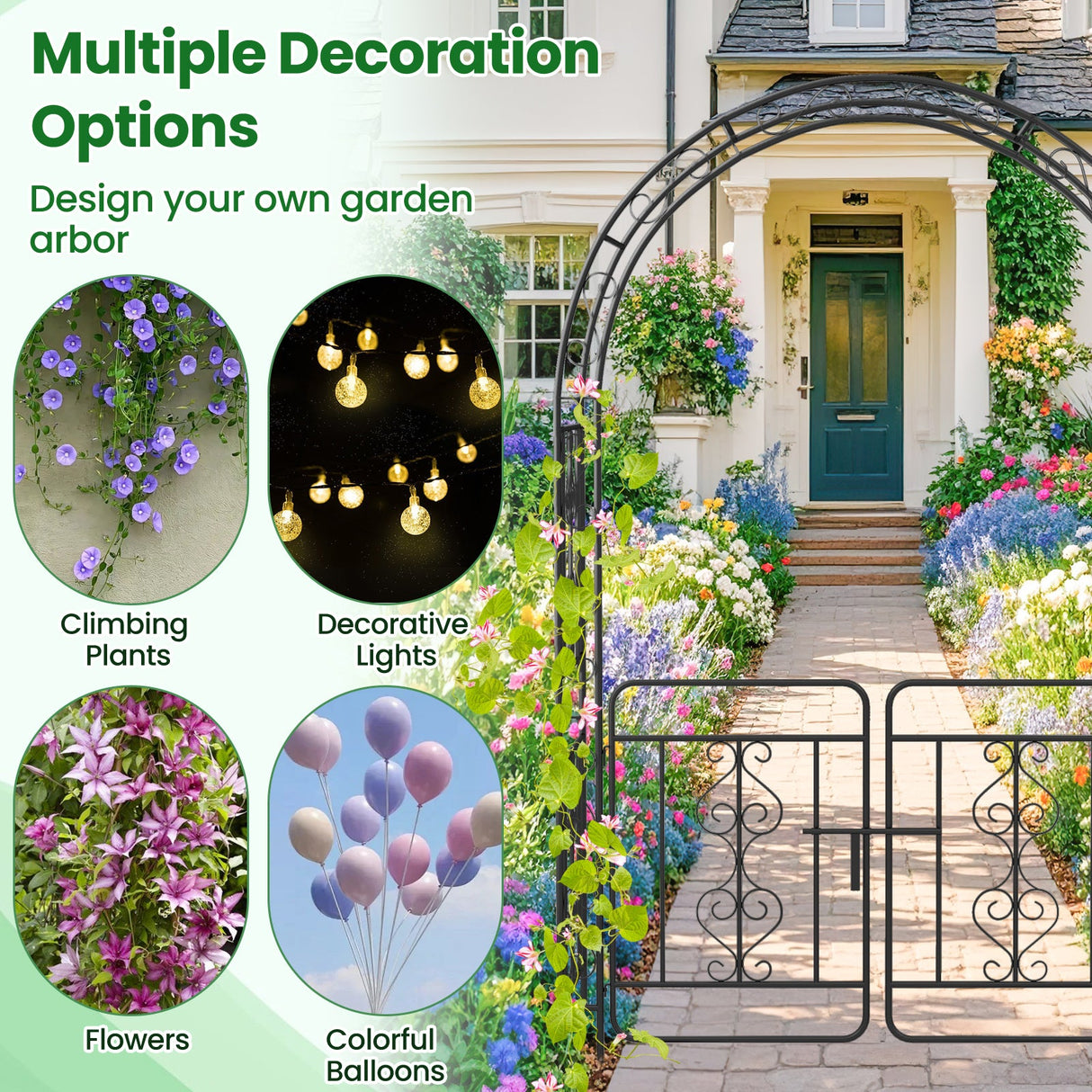 Pérgola de jardín con puerta, múltiples travesaños laterales y 4 estacas de suelo afiladas - Negra