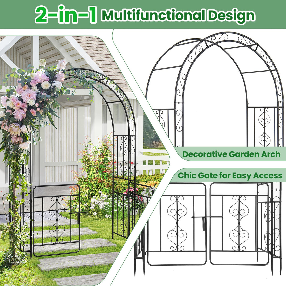 Pérgola de jardín con puerta, múltiples travesaños laterales y 4 estacas de suelo afiladas - Negra