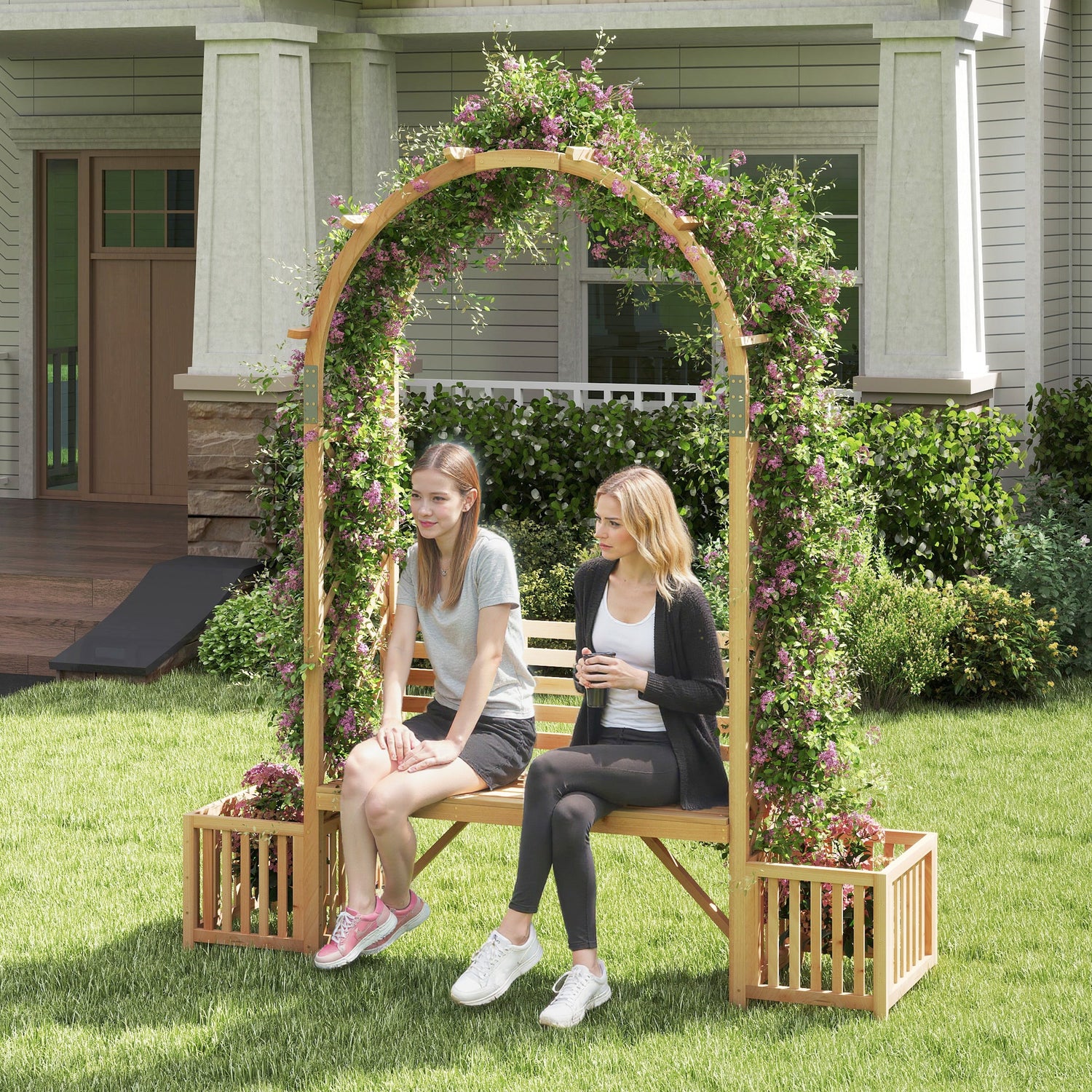 Pérgola de arco de banco de jardín de madera para plantas trepadoras - Natural
