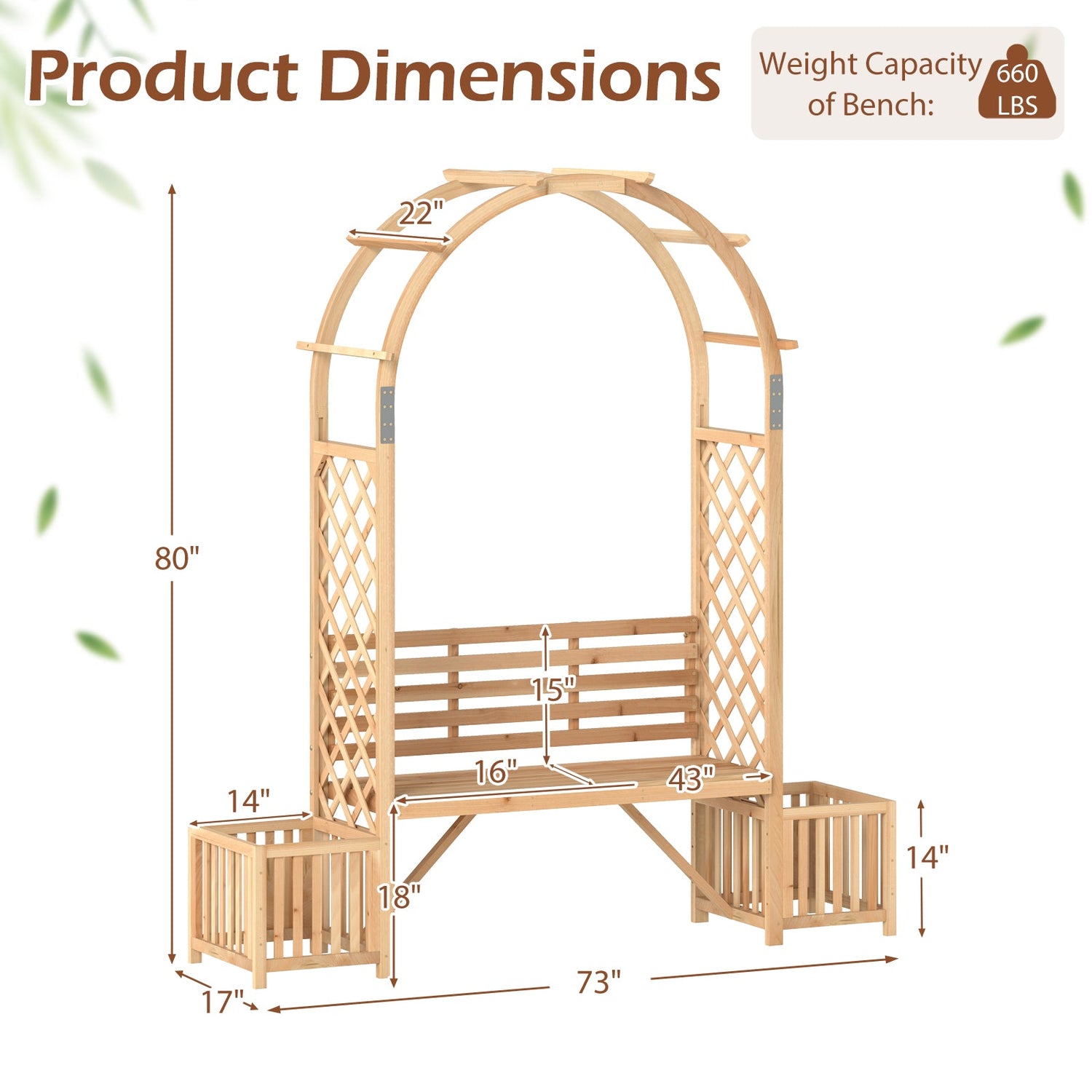 Pérgola de arco de banco de jardín de madera para plantas trepadoras - Natural