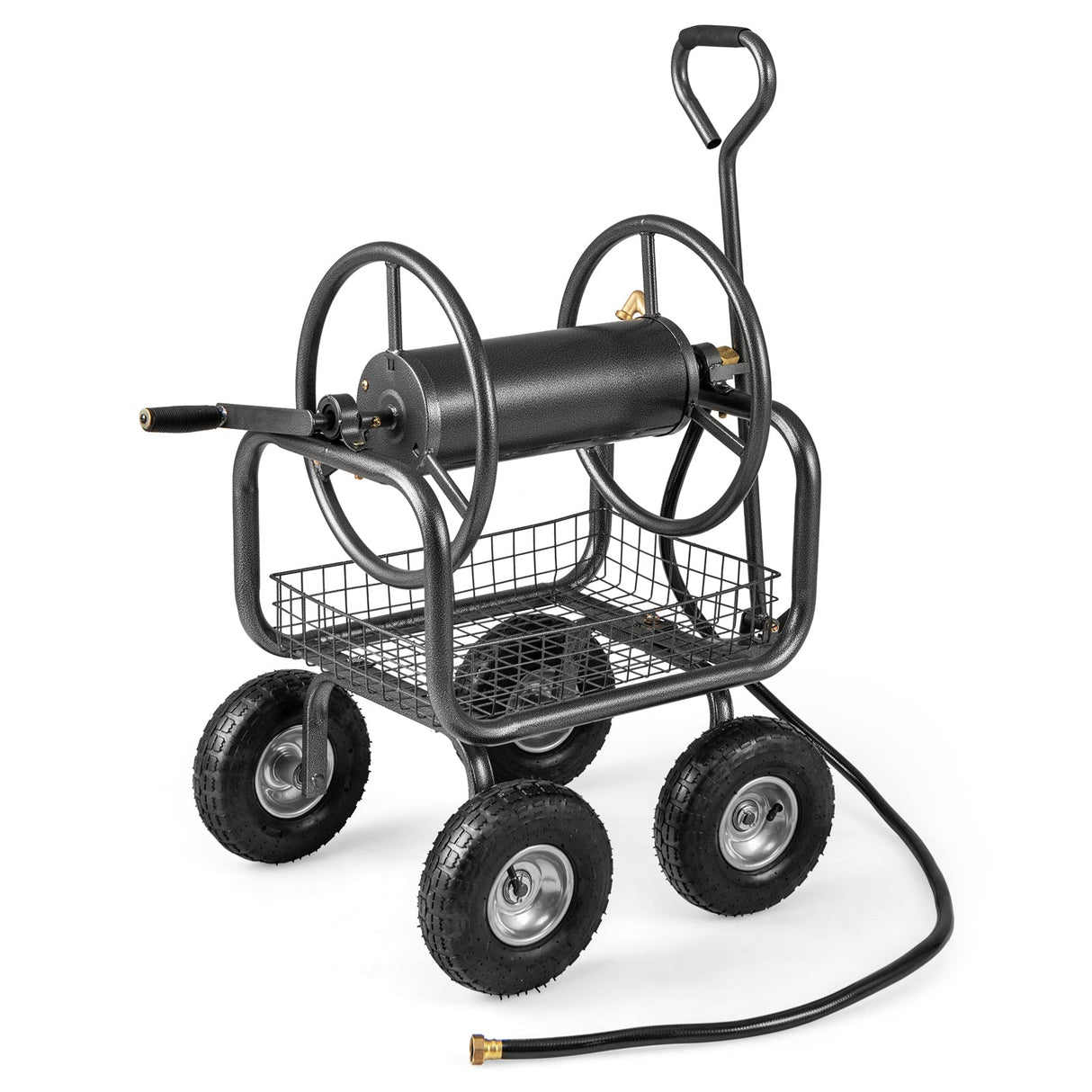 Carro Portamanguera de Jardín de 300 pies de Gran Capacidad con 4 Ruedas y Cesta de Almacenamiento - Gris