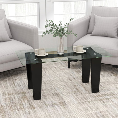 Mesa de Centro de Cristal de 39.5 Pulgadas, Rectangular Moderna con Patas de Madera de Caucho Sólido - Negra