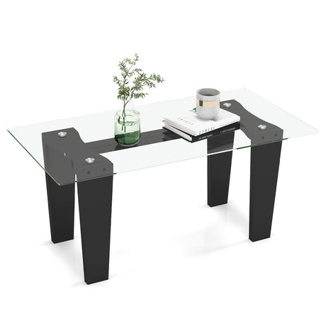 Mesa de Centro de Cristal de 39.5 Pulgadas, Rectangular Moderna con Patas de Madera de Caucho Sólido - Negra