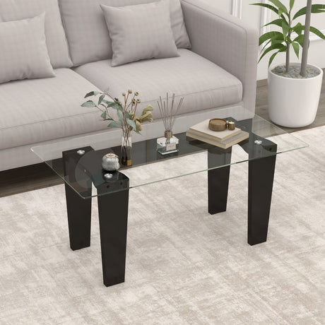 Mesa de Centro de Cristal de 39.5 Pulgadas, Rectangular Moderna con Patas de Madera de Caucho Sólido - Negra