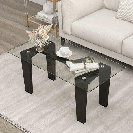 Mesa de Centro de Cristal de 39.5 Pulgadas, Rectangular Moderna con Patas de Madera de Caucho Sólido - Negra