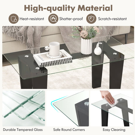 Mesa de Centro de Cristal de 39.5 Pulgadas, Rectangular Moderna con Patas de Madera de Caucho Sólido - Negra