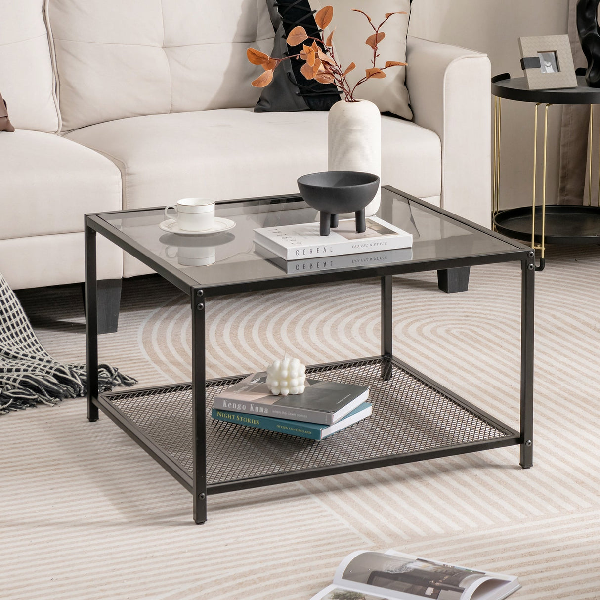Mesa de centro moderna de cristal cuadrado de 2 niveles con estante de malla