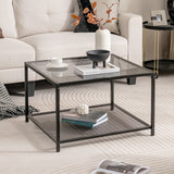 Mesa de centro moderna de cristal cuadrado de 2 niveles con estante de malla